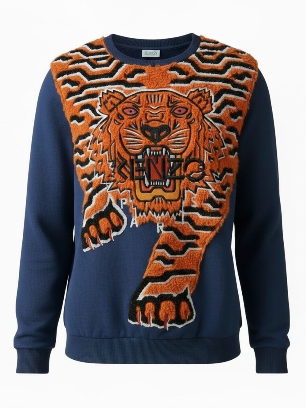 KENZO‎ Paris Tiger Sweatshirt Mens Small Navy Orange Fuzzy Embroidered Crewneck